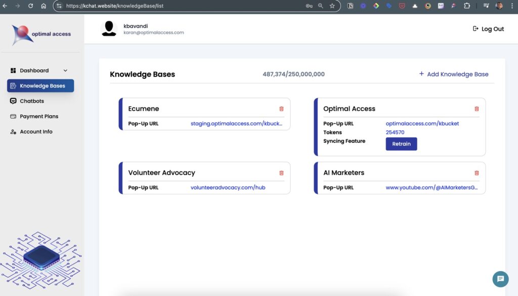 KChat RAG GPT Knowledge Base Page by Optimal Access